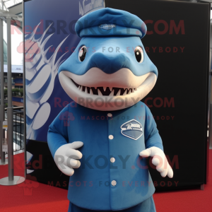 Blue Shark mascot costume character dressed with a Empire Waist Dress and Caps