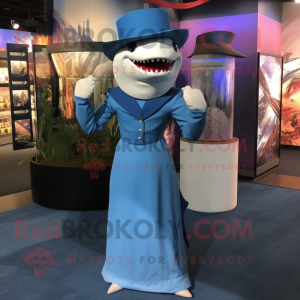 Blue Shark mascot costume character dressed with a Empire Waist Dress and Caps