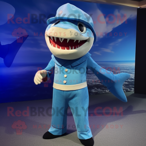 Blue Shark mascot costume character dressed with a Empire Waist Dress and Caps