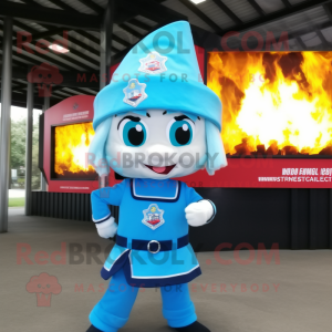 Sky Blue Fire Fighter mascot costume character dressed with a Mini Skirt and Shawls