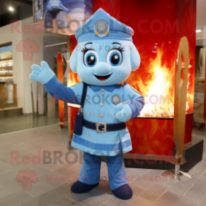 Sky Blue Fire Fighter mascot costume character dressed with a Mini Skirt and Shawls