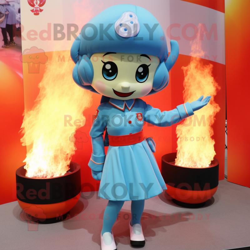 Sky Blue Fire Fighter mascot costume character dressed with a Mini Skirt and Shawls