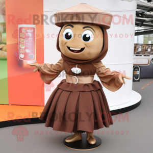 Brown Gyro mascot costume character dressed with a A-Line Skirt and Clutch bags