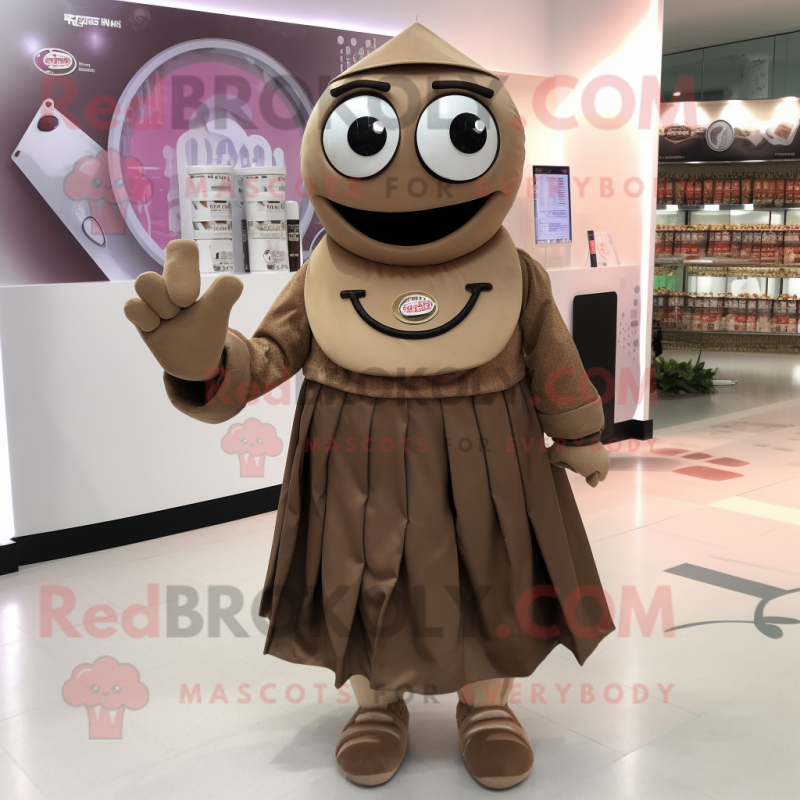 Brown Gyro mascot costume character dressed with a A-Line Skirt and Clutch bags