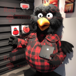 Black Hens mascot costume character dressed with a Flannel Shirt and Wallets