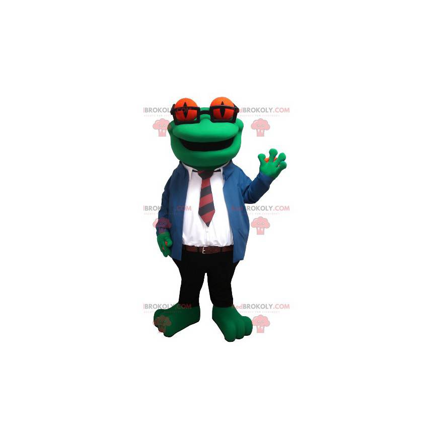 Mascotte de grenouille avec des lunettes et un costume cravate