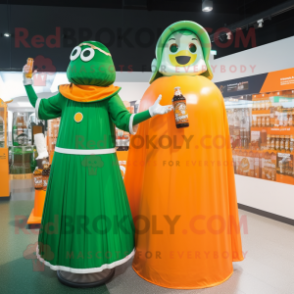 Orange Green Beer mascot costume character dressed with a Empire Waist Dress and Brooches