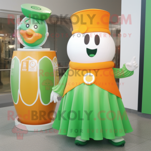 Orange Green Beer mascot costume character dressed with a Empire Waist Dress and Brooches