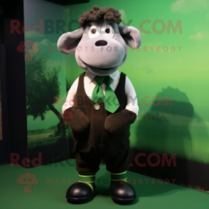 Forest Green Suffolk Sheep mascot costume character dressed with a Tank Top and Bow ties