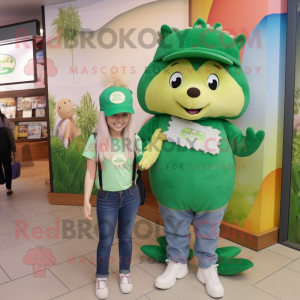 Green Hedgehog mascot costume character dressed with a Mom Jeans and Hats