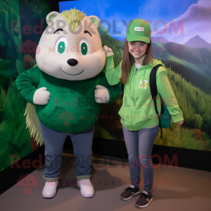 Green Hedgehog mascot costume character dressed with a Mom Jeans and Hats