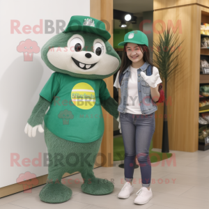 Green Hedgehog mascot costume character dressed with a Mom Jeans and Hats