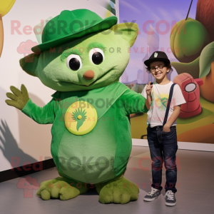 Green Hedgehog mascot costume character dressed with a Mom Jeans and Hats