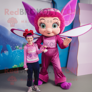 Magenta Tooth Fairy mascot costume character dressed with a Dungarees and Cummerbunds