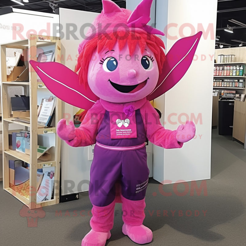 Magenta Tooth Fairy mascot costume character dressed with a Dungarees and Cummerbunds