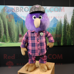 Purple Kiwi mascot costume character dressed with a Flannel Shirt and Lapel pins