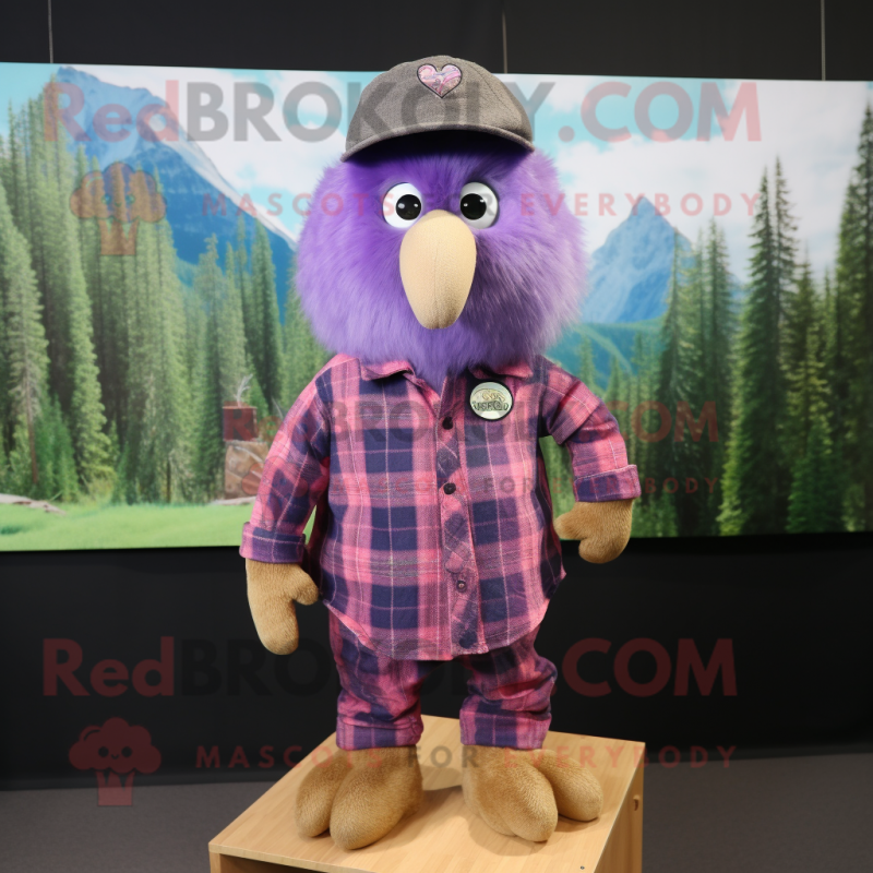 Purple Kiwi mascot costume character dressed with a Flannel Shirt and Lapel pins Purple Kiwi mascot costume character dressed with a Flannel Shirt and Lapel pins