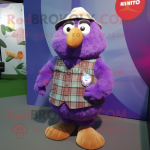 Purple Kiwi mascot costume character dressed with a Flannel Shirt and Lapel pins
