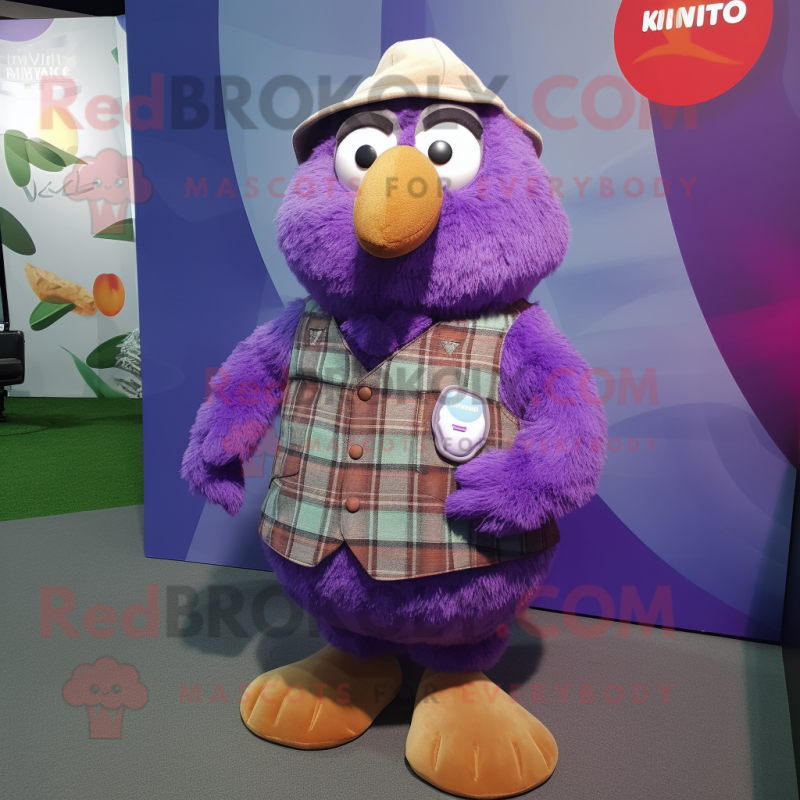 Purple Kiwi mascot costume character dressed with a Flannel Shirt and Lapel pins Purple Kiwi mascot costume character dressed with a Flannel Shirt and Lapel pins