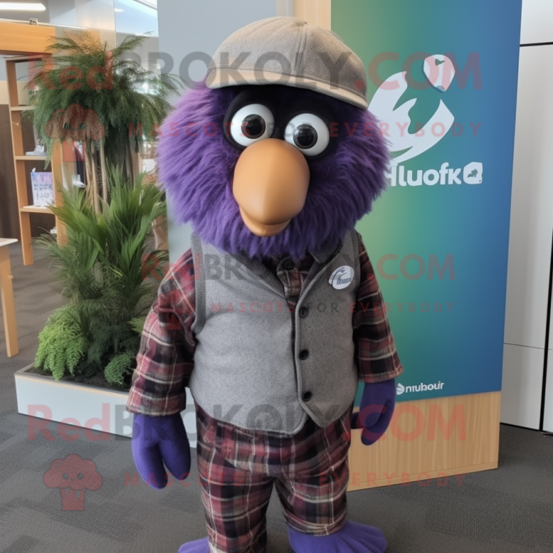 Purple Kiwi mascot costume character dressed with a Flannel Shirt and Lapel pins