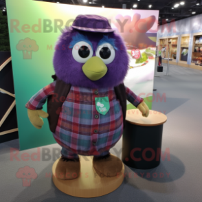 Purple Kiwi mascot costume character dressed with a Flannel Shirt and Lapel pins