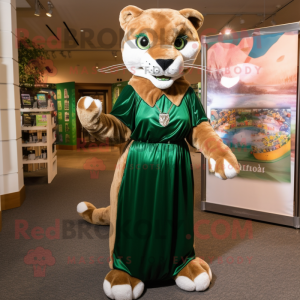 Forest Green Mountain Lion mascot costume character dressed with a Maxi Dress and Hairpins
