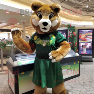 Forest Green Mountain Lion mascot costume character dressed with a Maxi Dress and Hairpins