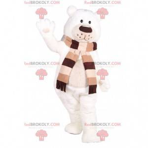 Soft polar bear mascot with his brown and beige scarf -