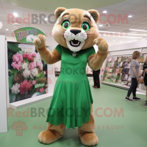 Forest Green Mountain Lion mascot costume character dressed with a Maxi Dress and Hairpins