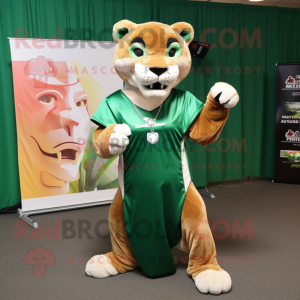 Forest Green Mountain Lion mascot costume character dressed with a Maxi Dress and Hairpins