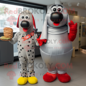 Silver Hot Dogs mascot costume character dressed with a Jumpsuit and Brooches