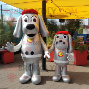 Silver Hot Dogs mascot costume character dressed with a Jumpsuit and Brooches