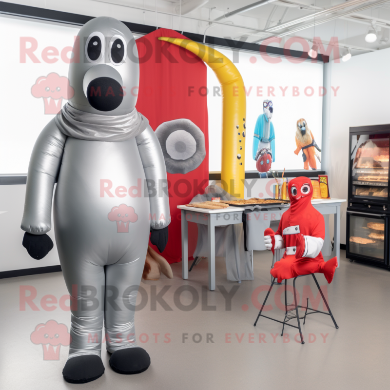 Silver Hot Dogs mascot costume character dressed with a Jumpsuit and Brooches Silver Hot Dogs mascot costume character dressed with a Jumpsuit and Brooches