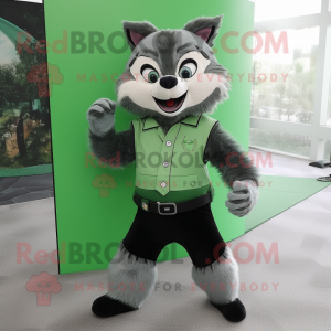 Green Raccoon mascot costume character dressed with a Dress Pants and Hair clips