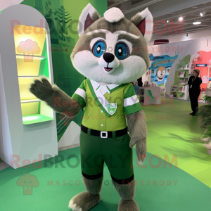 Green Raccoon mascot costume character dressed with a Dress Pants and Hair clips