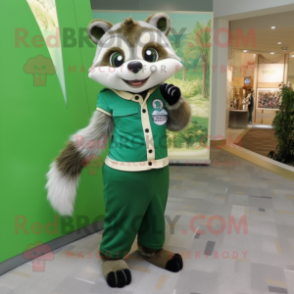 Green Raccoon mascot costume character dressed with a Dress Pants and Hair clips