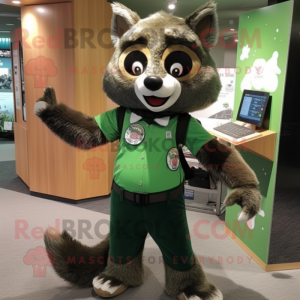 Green Raccoon mascot costume character dressed with a Dress Pants and Hair clips