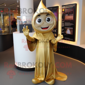 Gold Vampire mascot costume character dressed with a Wrap Dress and Beanies