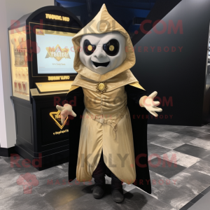 Gold Vampire mascot costume character dressed with a Wrap Dress and Beanies