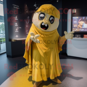 Gold Vampire mascot costume character dressed with a Wrap Dress and Beanies