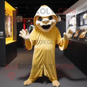 Gold Vampire mascot costume character dressed with a Wrap Dress and Beanies