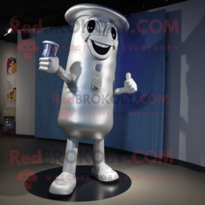 Silver Bottle Of Milk mascot costume character dressed with a Flare Jeans and Shoe laces