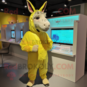 Lemon Yellow Donkey mascot costume character dressed with a Windbreaker and Lapel pins