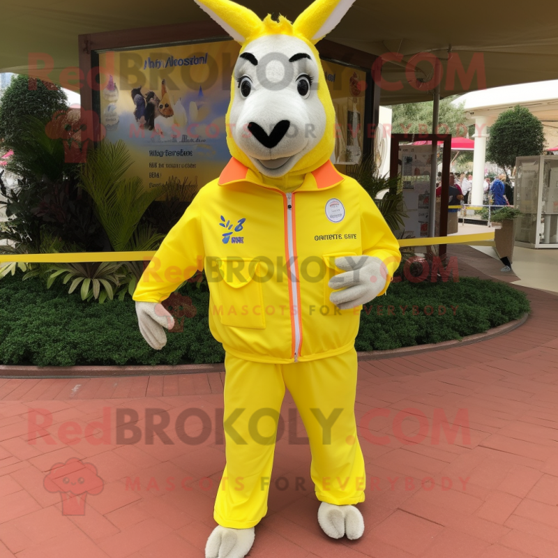 Lemon Yellow Donkey mascot costume character dressed with a Windbreaker and Lapel pins