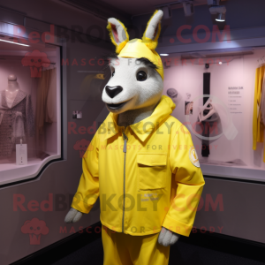 Lemon Yellow Donkey mascot costume character dressed with a Windbreaker and Lapel pins