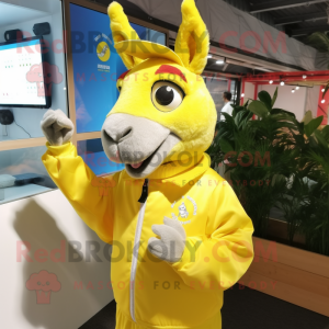 Lemon Yellow Donkey mascot costume character dressed with a Windbreaker and Lapel pins
