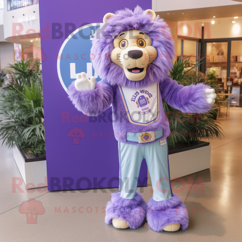 Lavender Lion mascot costume character dressed with a Flare Jeans and Rings