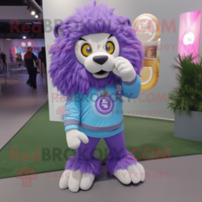 Lavender Lion mascot costume character dressed with a Flare Jeans and Rings