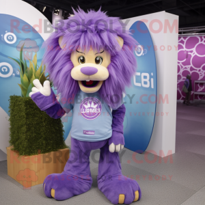 Lavender Lion mascot costume character dressed with a Flare Jeans and Rings