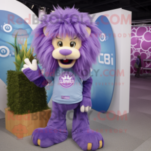 Lavender Lion mascot costume character dressed with a Flare Jeans and Rings